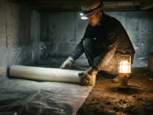 Bouwvakker installeert plastic dampscherm op vochtige betonvloer in kruipruimte, beschermende werkkleding, amberkleurig werklicht.