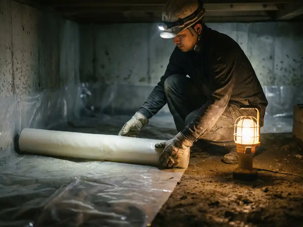 Bouwvakker installeert plastic dampscherm op vochtige betonvloer in kruipruimte, beschermende werkkleding, amberkleurig werklicht.