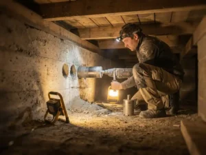 Specialist in kruipruimte naast betonnen funderingsmuur met vers geboorde ventilatieopeningen en diamantboormachine op de vloer.