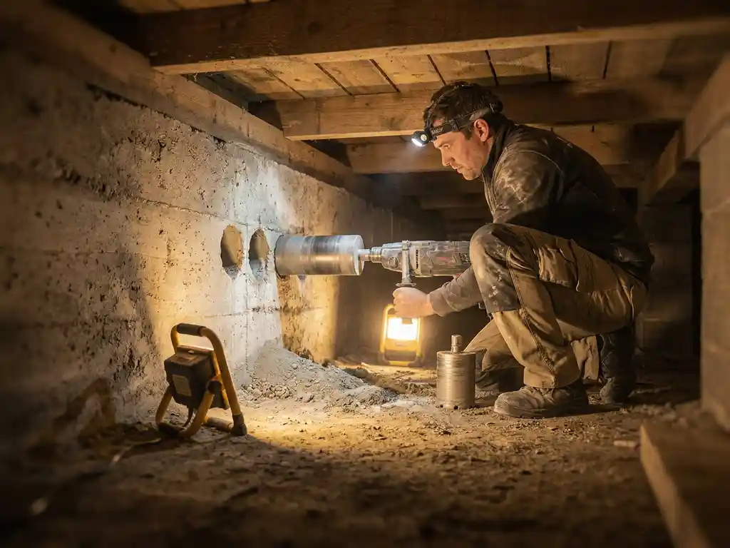 Specialist in kruipruimte naast betonnen funderingsmuur met vers geboorde ventilatieopeningen en diamantboormachine op de vloer.