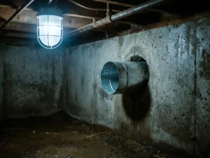 Vochtige betonnen kruipruimte met condensdruppels op grijze funderingsmuur en vers geboord ventilatiekanaal.