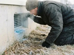 Monteur in winterjas inspecteert betonnen kruipruimterooster op fundatieniveau, omgeven door bevroren grond en dor wintergras.