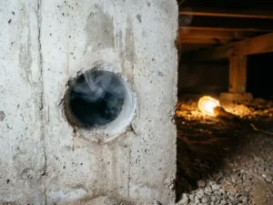 Vers geboord ventilatiegat in betonnen funderingsmuur met zichtbare condensatie en kruipruimte op de achtergrond.