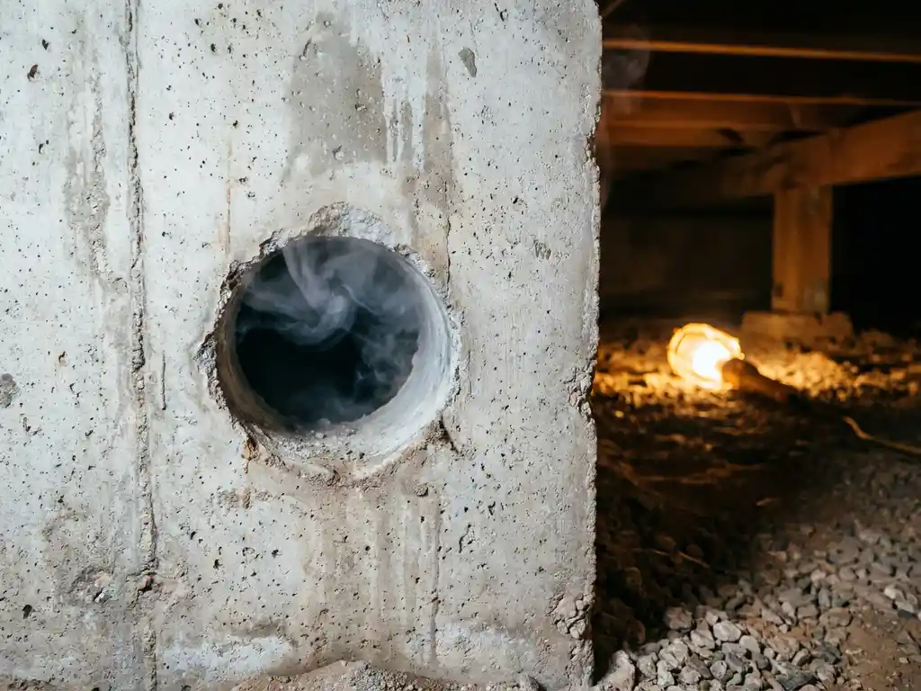 Vers geboord ventilatiegat in betonnen funderingsmuur met zichtbare condensatie en kruipruimte op de achtergrond.
