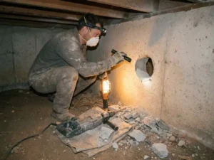 Aannemer in kruipruimte die ventilatieopening in betonnen fundering inspecteert, boorgruis op de grond, werklamp verlicht de ruimte.