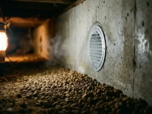 Ronde ventilatieroosters in betonnen kruipruimtemuur met droog grind op de vloer, verlicht door warm werklicht.