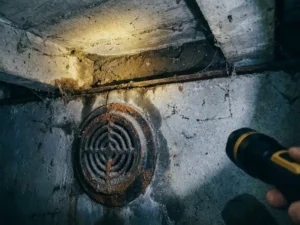 Verweerde betonnen kruipruimte met ronde ventilatieroosters in funderingsmuur, verlicht door inspectielamp.