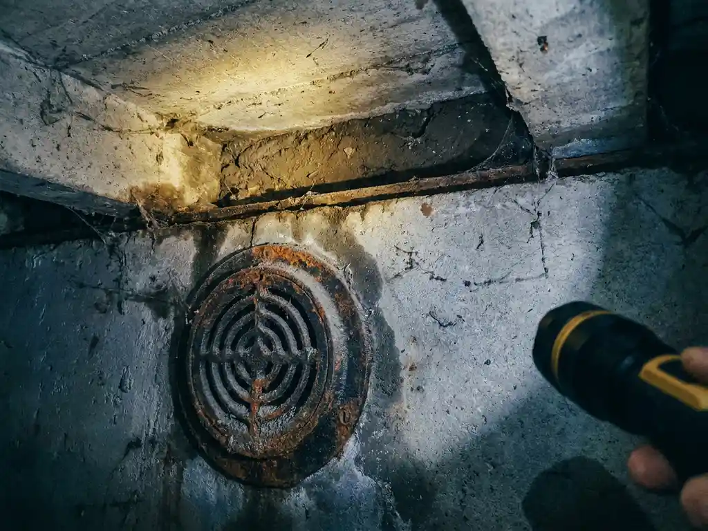 Verweerde betonnen kruipruimte met ronde ventilatieroosters in funderingsmuur, verlicht door inspectielamp.