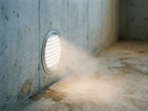 Ronde ventilatieroosters in betonnen kruipruimtemuur met ochtendlicht dat door de opening valt, droge betonvloer eronder.