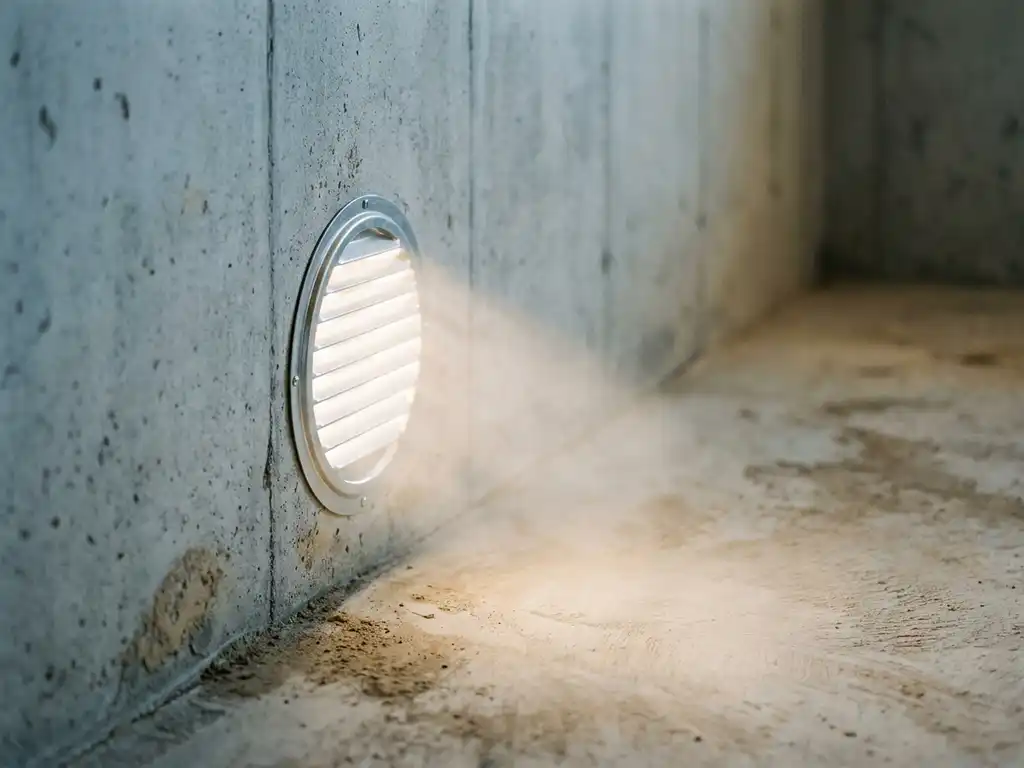 Ronde ventilatieroosters in betonnen kruipruimtemuur met ochtendlicht dat door de opening valt, droge betonvloer eronder.