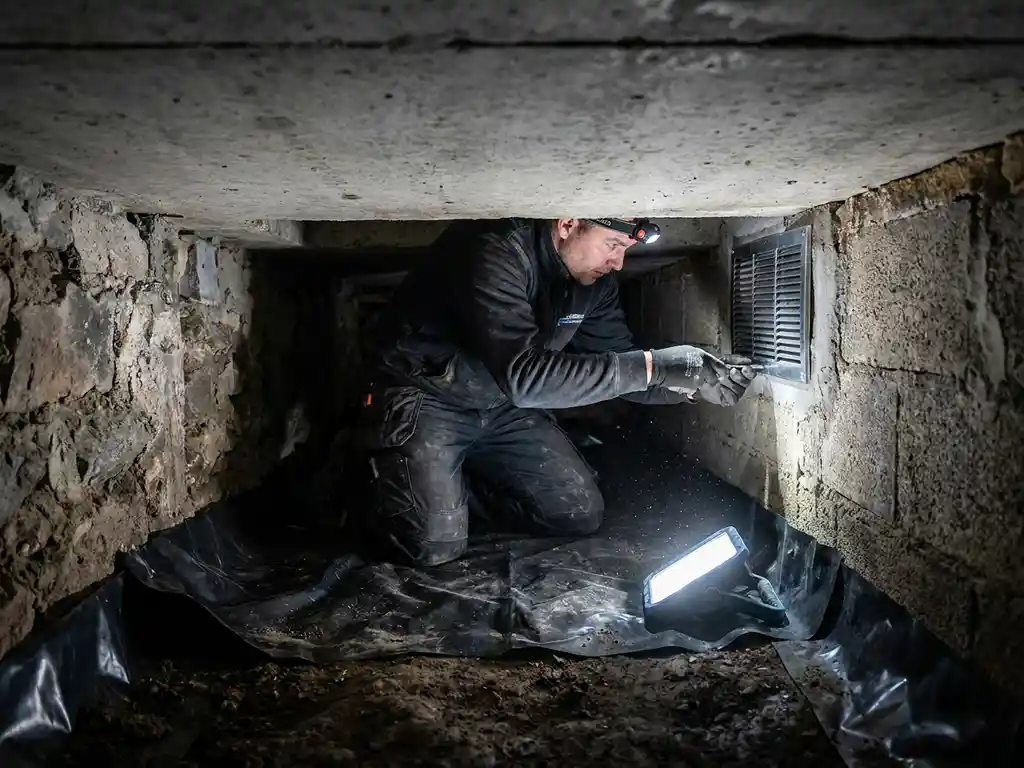 Vakman plaatst ventilatieroosters in kruipruimte met zwart PE-folie op vochtige bodem en ruwe stenen wanden.