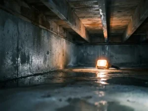 Vochtige kruipruimte onder betonnen fundering met stanend water, natte betonwanden en houten balklagen verlicht door een werklamp.