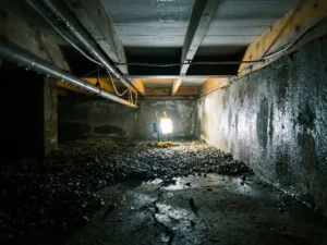 Vochtige kruipruimte onder Nederlandse woning met condensatie op leidingen en natte fundering, verlicht door bouwlamp.