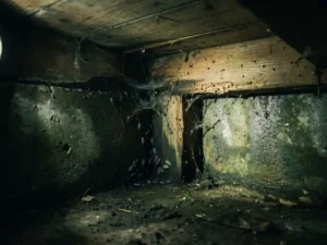 Vochtige kruipruimte met glinsterende betonwanden, houtwormbeschadigde balken, spinnenwebben en pissebed in donkere hoeken.