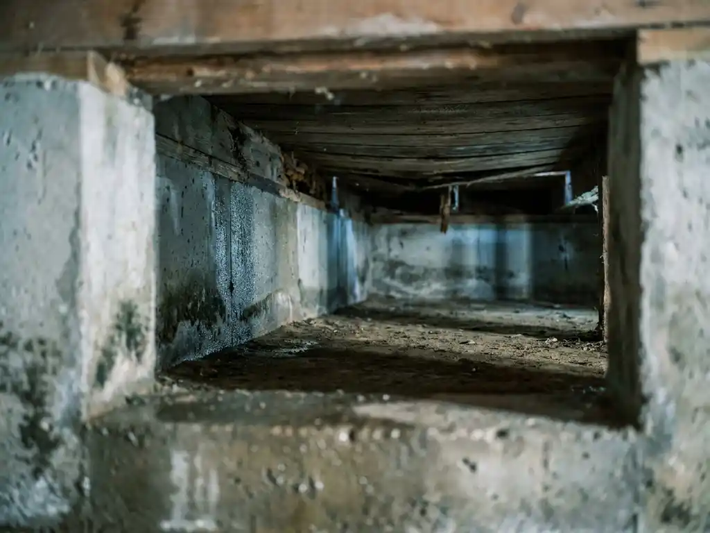 Vochtige kruipruimte met schimmel op betonnen funderingsmuren en verrottend hout, kenmerkend voor vochtproblemen onder een houten vloer.