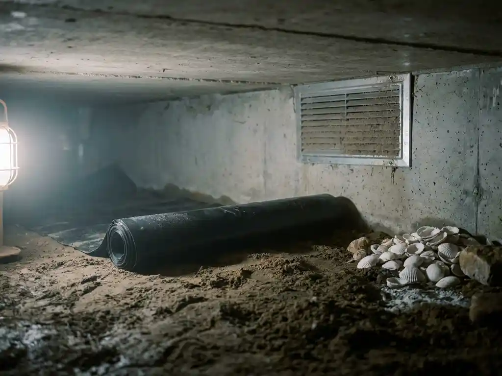 Vochtige kruipruimte met zwart dampscherm op zandbodem, schelpen en ventilatieroosters op betonnen muur.