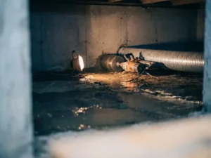 Vochtige kruipruimte onder betonvloer met stilstaand water, boorgereedschap en ventilatiekanaal bij fundering, verlicht door werklamp.