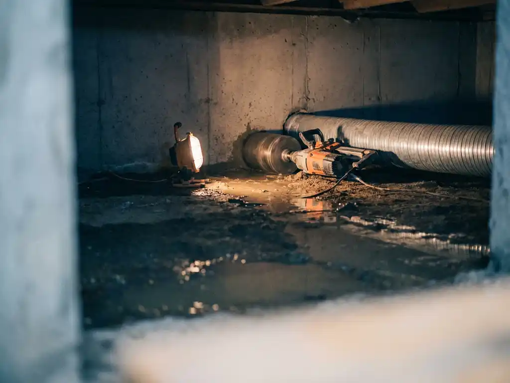 Vochtige kruipruimte onder betonvloer met stilstaand water, boorgereedschap en ventilatiekanaal bij fundering, verlicht door werklamp.