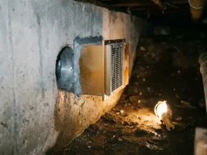Mechanisch ventilatiesysteem gemonteerd in diamantgeboord gat door betonnen kruipruimtemuur, vochtige aarden vloer op achtergrond.