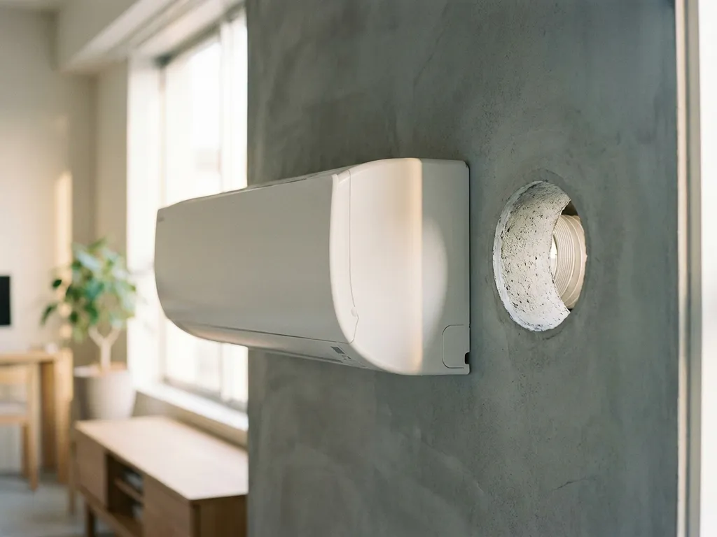 Monoblock airco tegen betonnen muur in moderne Nederlandse woning, met diamantgeboord ventilatiegal naast het apparaat.