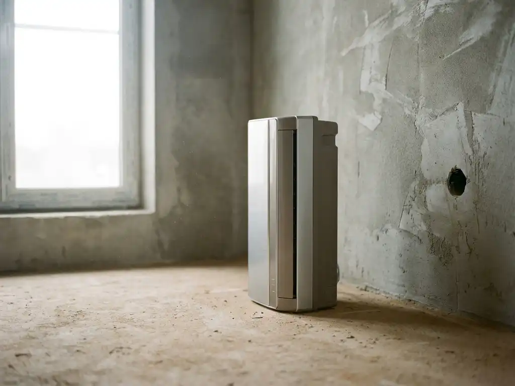 Monoblock airconditioning in een ruwbouw betonnen ruimte met vers geboorde ventilatieopening en gestort dekvloer.
