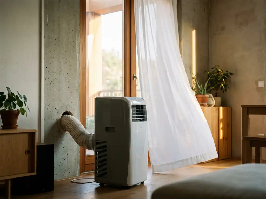 Draagbare airco in Nederlandse woonkamer met doorzichtig gordijn, betonnen muur met uitlaatslang opening en warm zomerlicht.