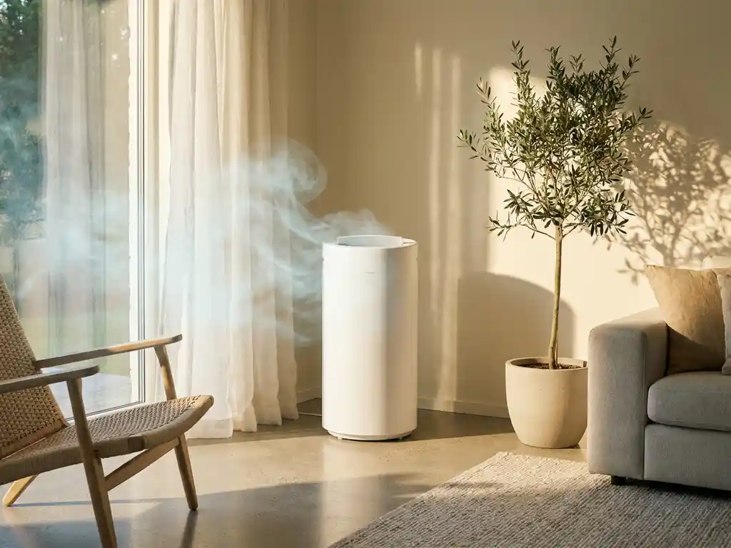 Monoblock airconditioner in zonnige moderne woonkamer met witte gordijnen en betonnen vloer.