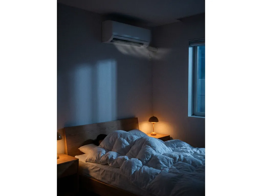 Wandgemonteerde airconditioning boven slapende persoon in donkere slaapkamer met maanlicht en zachte schemerlamp.