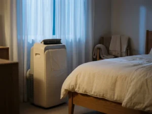 Stille draagbare airco naast een opgemaakt bed in een rustige slaapkamer met maanlicht door gordijnen.