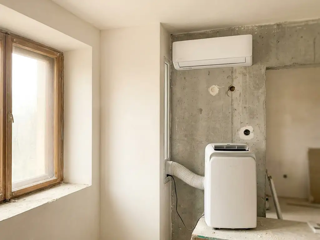 Draagbare vloerairconditioner naast een wandgemonteerde unit in een kamer met betonnen muren en vers gepleisterde wanden.