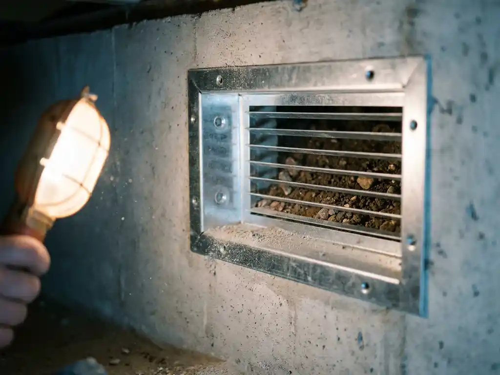 Gegalvaniseerd stalen ventilatieroosters gemonteerd in betonnen kruipruimtemuur, met stofdeeltjes rond verse boorgaten.