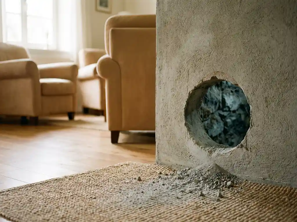 Vers geboord ventilatiegat in betonnen muur met betonpoeder op de vloer, zicht op vochtige stenen kelder.