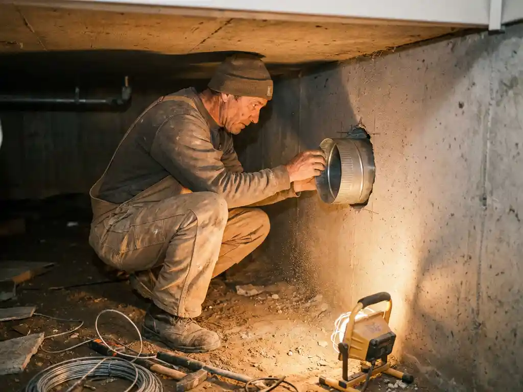 Monteur in kruipruimte die een ventilatiemanchet installeert in betonnen muur, omgeven door betonstof en warm werklicht.