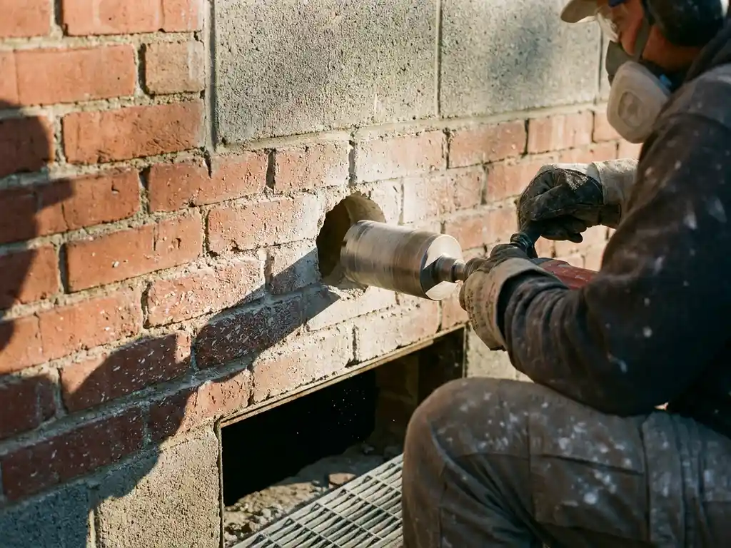 Betonspecialist boort een ronde ventilatiegat door een dikke bakstenen buitenmuur, betonpoeder rondom de opening.