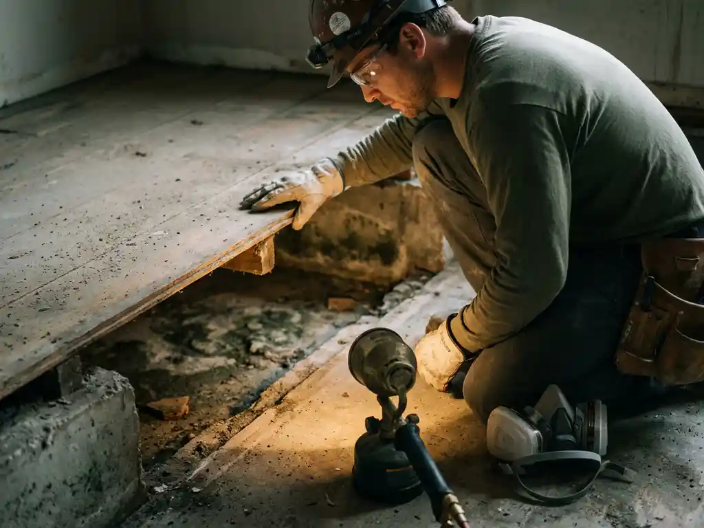 Bouwvakker in beschermende kleding inspecteert kruipruimte met grijsgroene schimmelkolonies op beton onder opgetild houten vloerdeel.