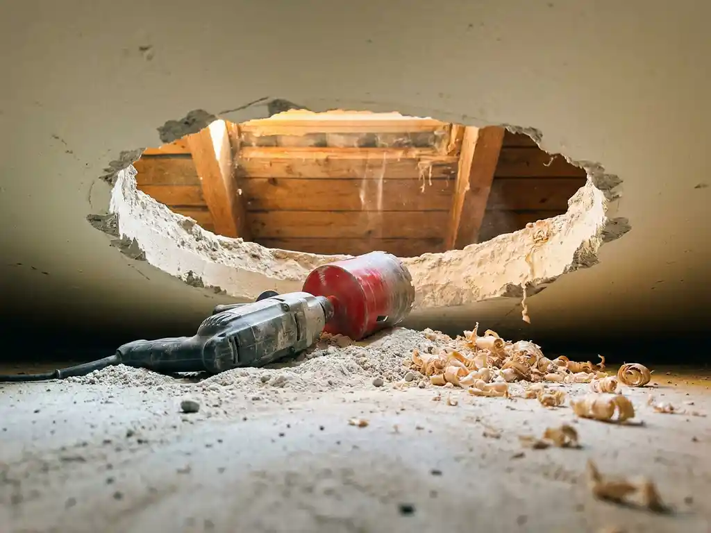 Vers geboord cirkelvormig gat in betonvloer met diamantboor op de rand, houtkrullen en stof, warm licht vanuit de zolderruimte.