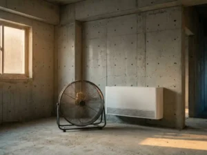 Industriële vloerventilator naast wandairco op ruwe betonnen bouwplaats, verlicht door warm middaglicht uit stoffig raam.