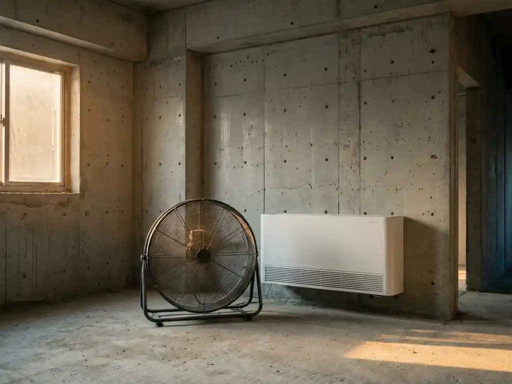 Industriële vloerventilator naast wandairco op ruwe betonnen bouwplaats, verlicht door warm middaglicht uit stoffig raam.