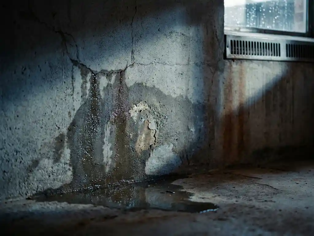 Vochtige betonnen keldermuur met haarscheuren, waterstrepen en een plas op de vloer, zichtbaar door zijlicht.