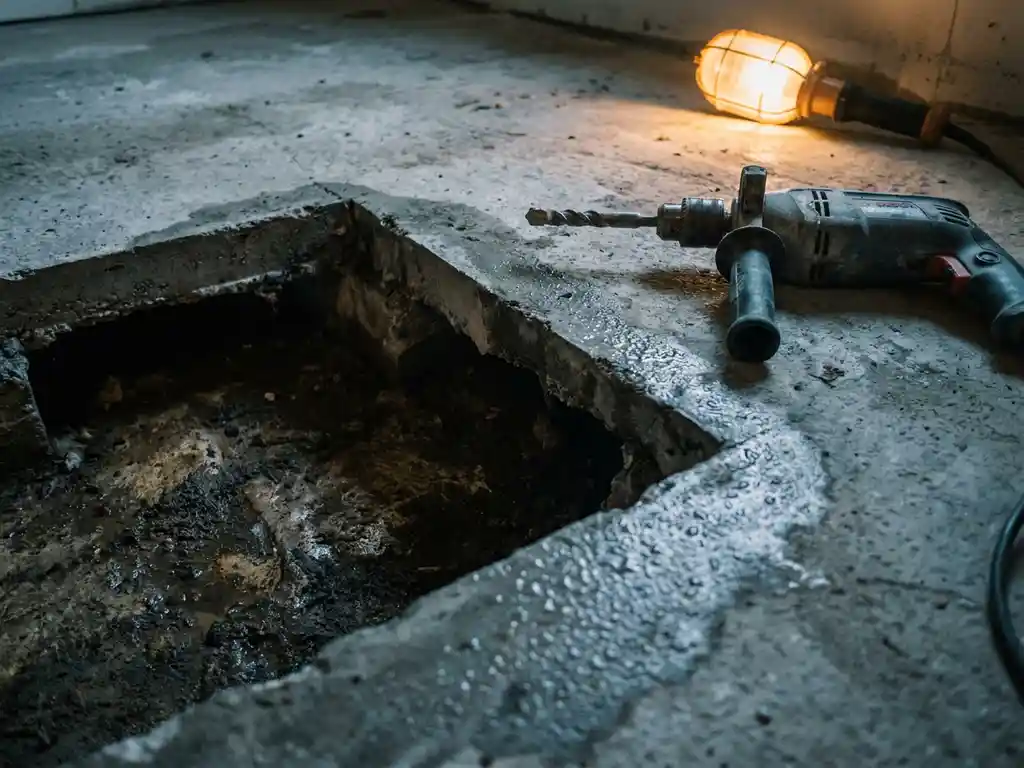 Vochtige betonnen vloerplaat met zichtbare condensatie bij kruipruimte-opening, professionele betonboor op de ruwe vloer.