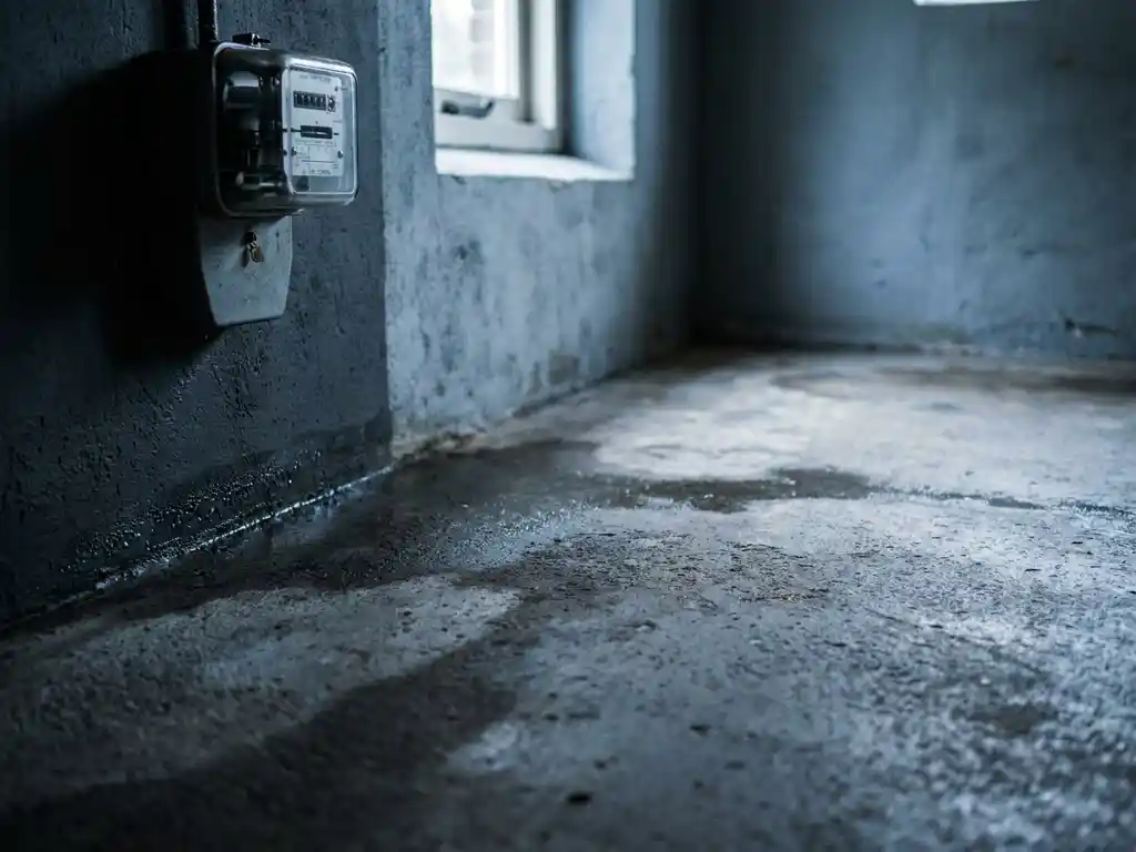 Vochtige betonvloer in Nederlandse woning met zichtbaar optrekkend vocht en energiemeter aan de muur.