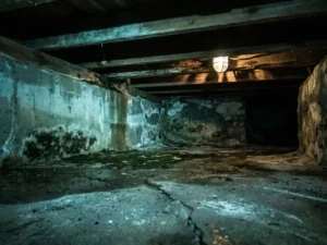 Vochtige kruipruimte met schimmel op betonnen funderingsmuren en scheuren in de vloer, zichtbare structurele schade.