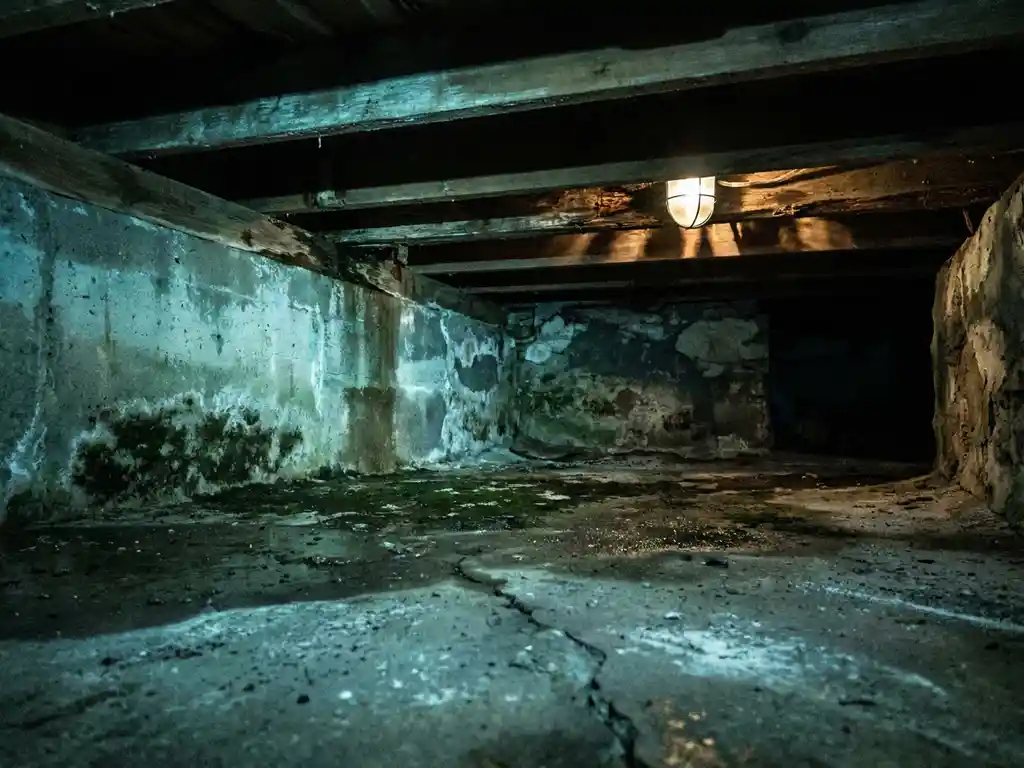Vochtige kruipruimte met schimmel op betonnen funderingsmuren en scheuren in de vloer, zichtbare structurele schade.