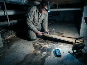 Bouwvakker inspecteert vochtschade op betonnen ondervloer met vochtmeter, houten vloerpaneel opgetild, kruipruimte zichtbaar.