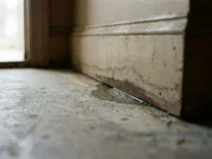Vochtige houten plint met donkere watervlekken langs betonvloer, kleine condensatieplas zichtbaar in de voegnaad.