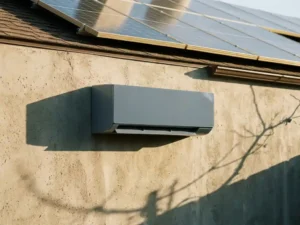 Airconditioning unit op betonnen buitenmuur met zonnepanelen op het dak in warm middagzonlicht.